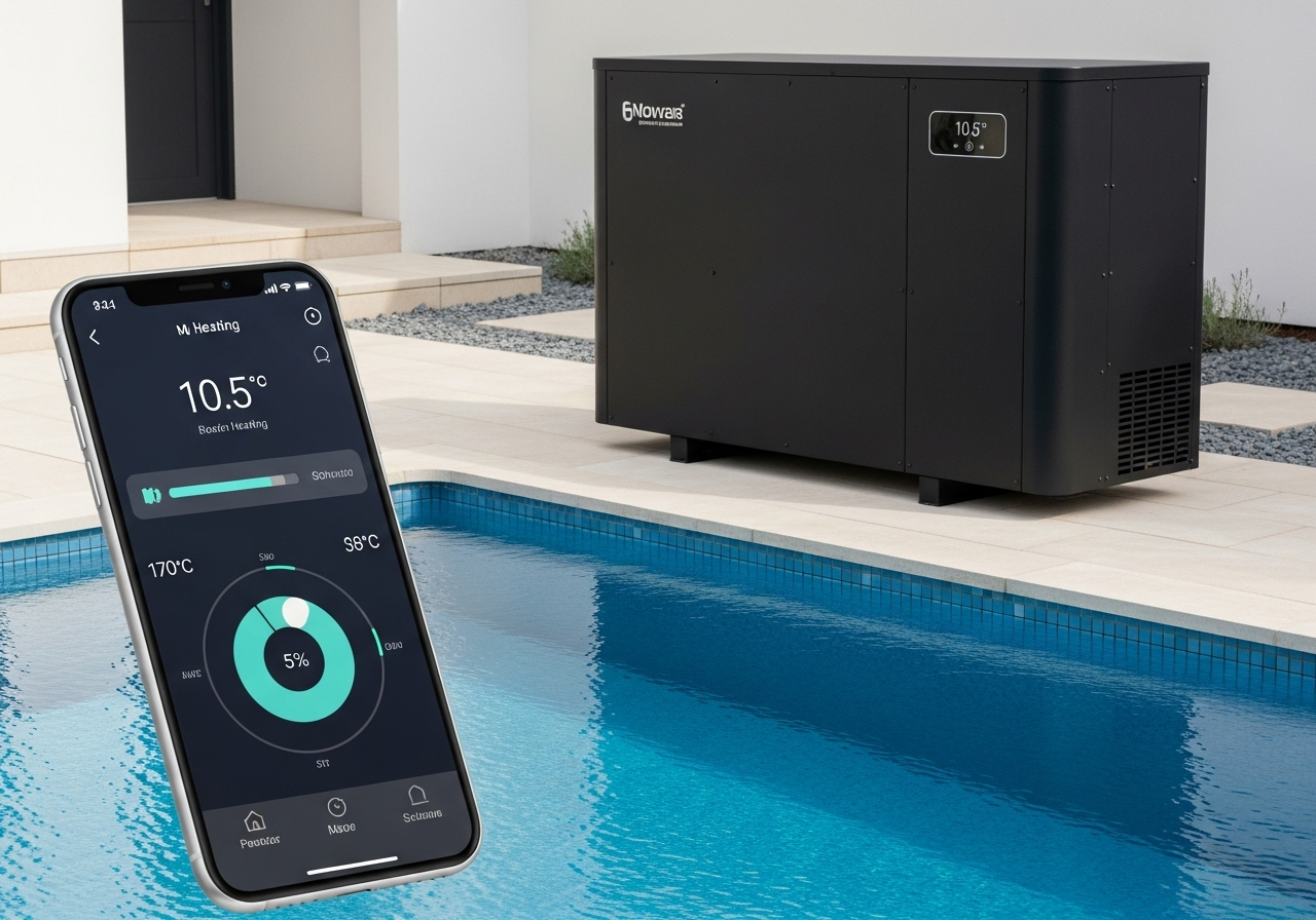 Black pool heat pump with smart phone control installation Marbella Costa del Sol Costa del Sol electrical HVAC installation