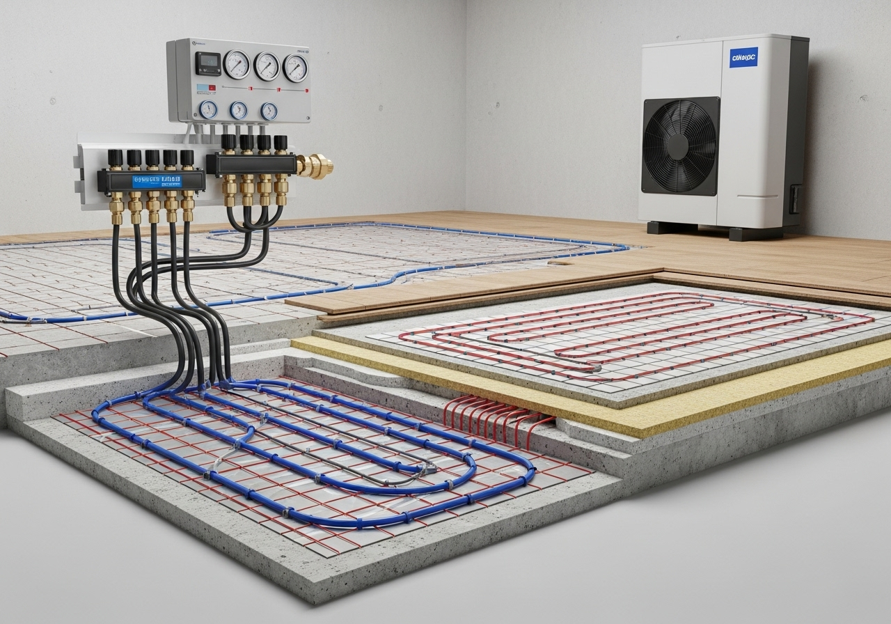 Professional wet and electric underfloor heating systems installation integrated with heat pumps Marbella Costa del Sol Costa del Sol electrical HVAC installation