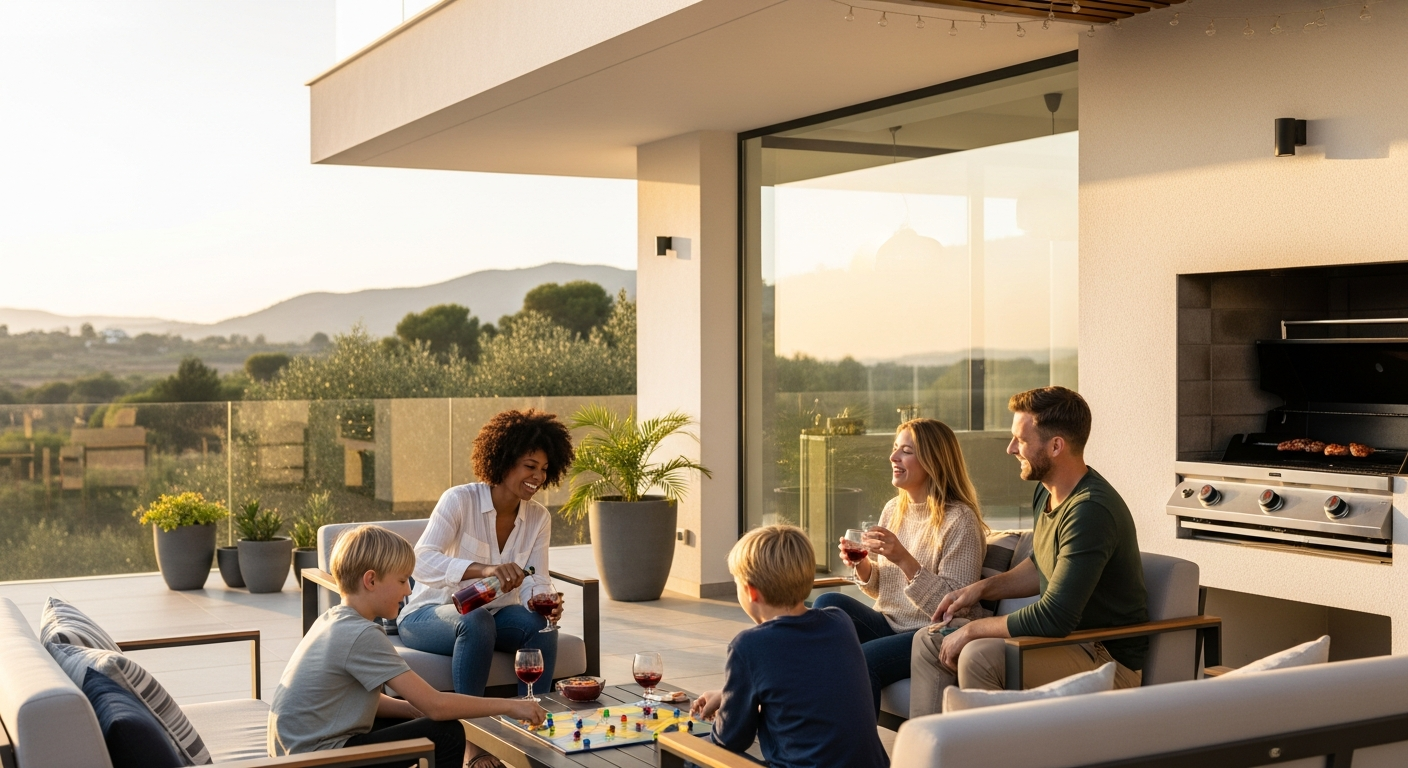 Expat family enjoying their Costa del Sol villa with efficient solar installation
