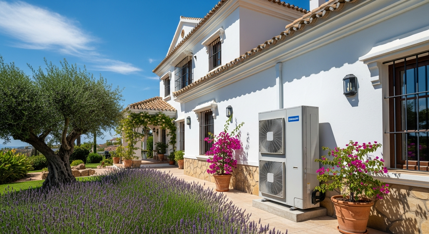 Professional heat pump installed at Spanish villa on Costa del Sol - clean energy system