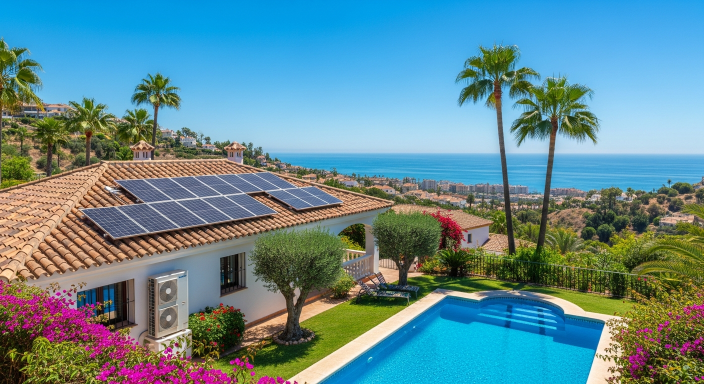Luxury Malaga villa with solar panels installed on terracotta roof, swimming pool and Costa del Sol views