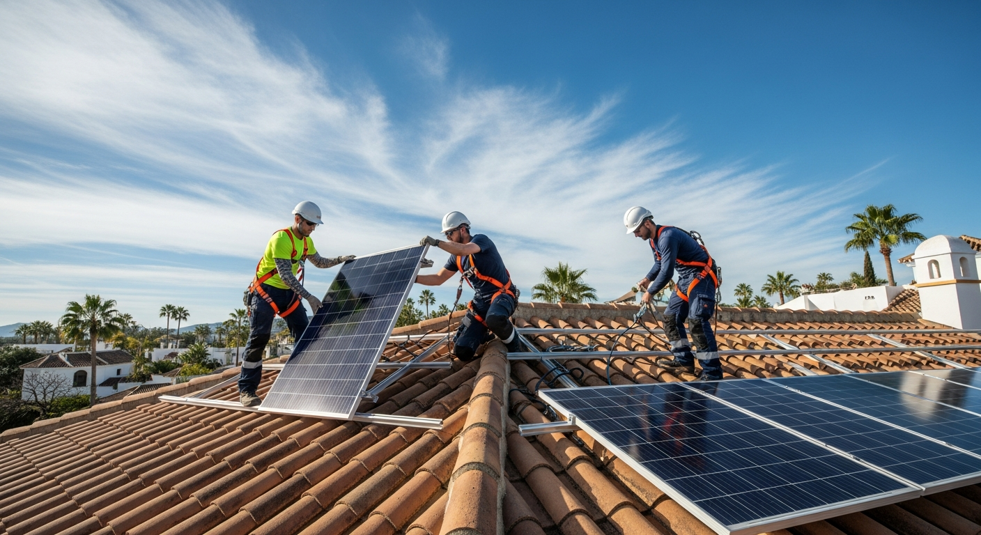 Professional solar installation team working on Spanish villa rooftop on the Costa del Sol