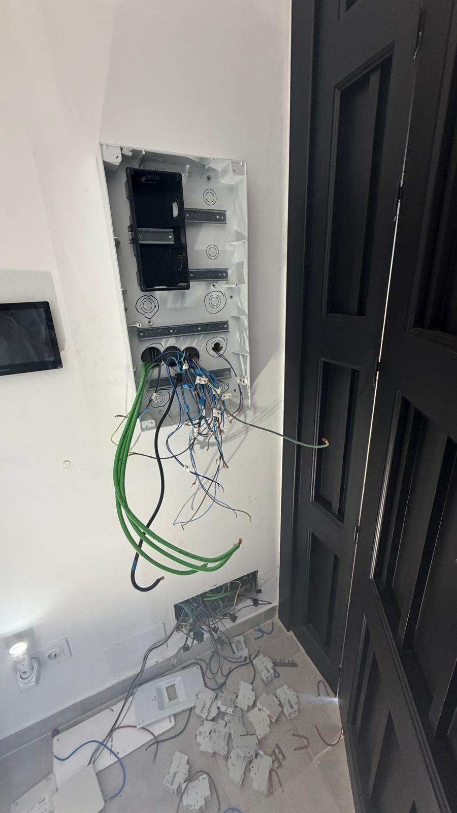 The starting point — original 25-year-old consumer unit position in the Alhaurín el Grande villa with old enclosure removed and the existing supply tails and 18 incoming circuits exposed prior to fitting the new Chint board. Every cable is identified and labelled before any new device is fitted.