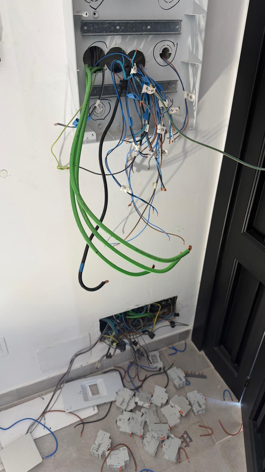 Strip-out stage — supply isolated at the meter, the original enclosure removed, and the 18 incoming circuits hanging out for circuit-by-circuit identification and continuity testing before they are made off to the new Chint outgoing terminals. The pile of removed legacy modules is visible on the floor.